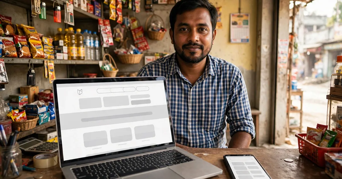Bangladeshi business owner comparing a Facebook page with a business website
