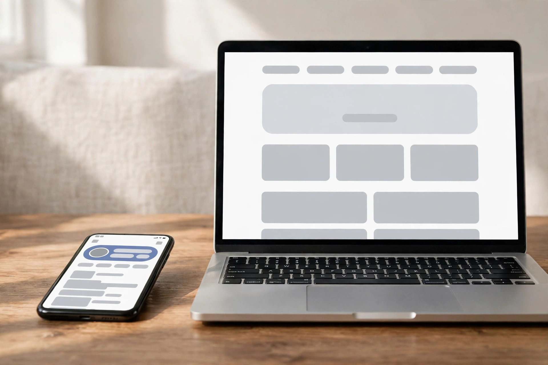 Smartphone showing a Facebook business page next to a laptop showing a business website