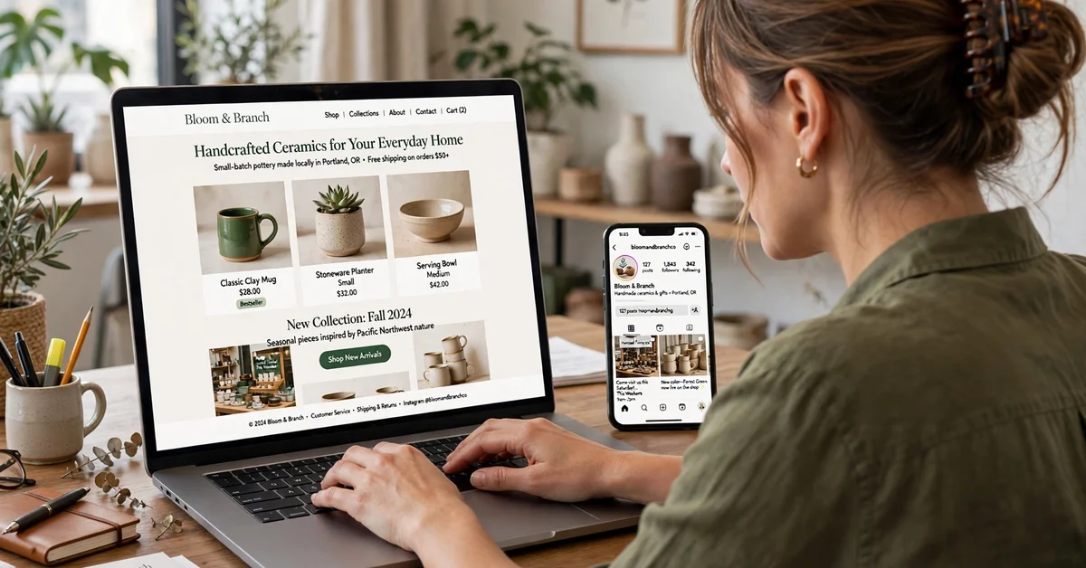 Shop owner reviewing a finished business website on a laptop with a social media page on a phone beside it