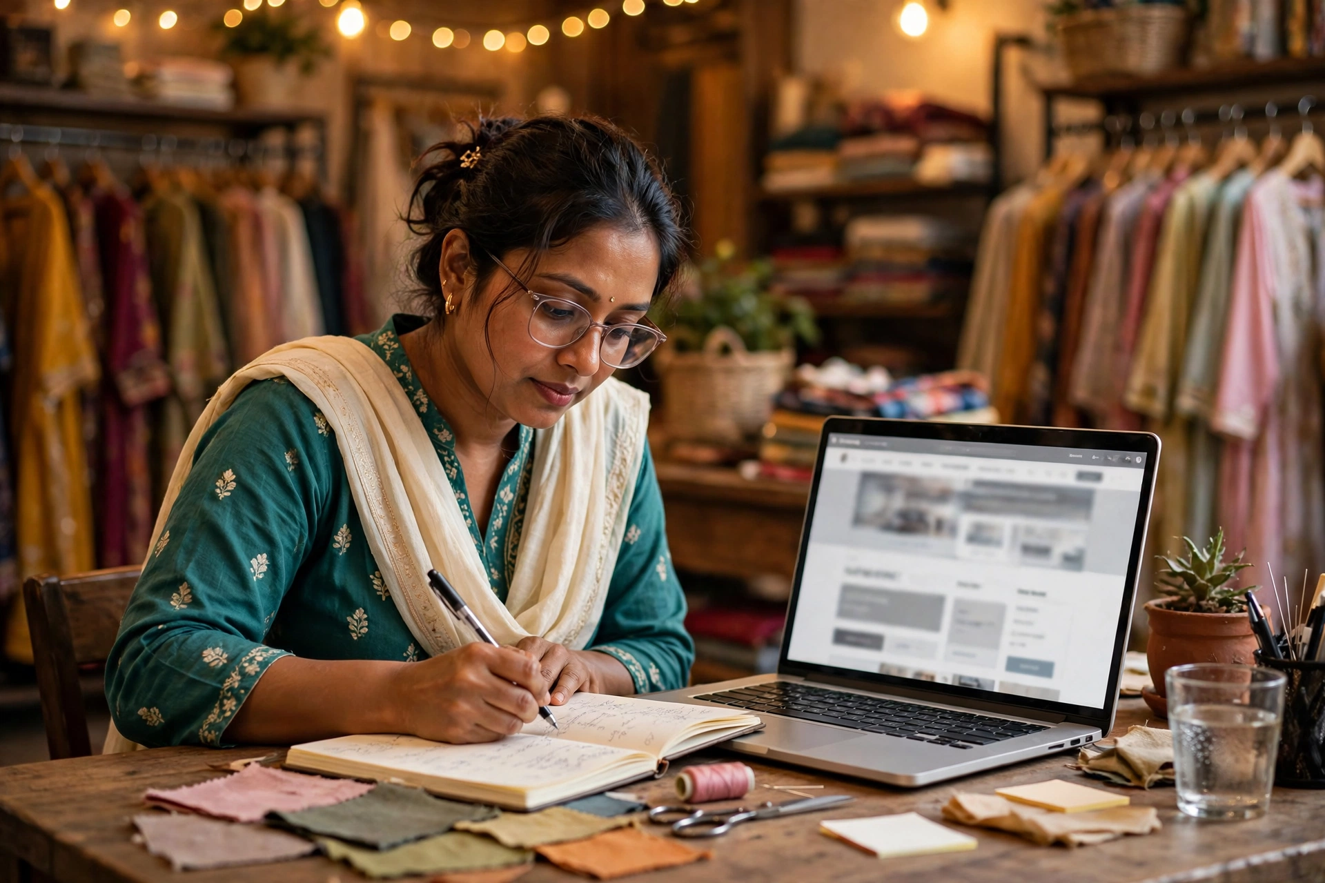 Bangladeshi boutique owner working on her business website at her shop