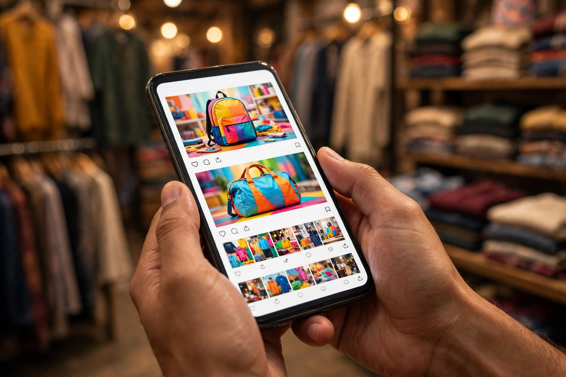 Hands holding a smartphone showing colorful product ads in a social media feed