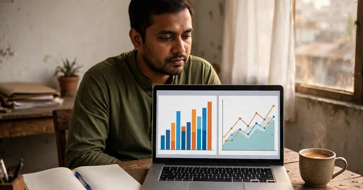 Business owner comparing Facebook ads and Google ads performance charts on a laptop