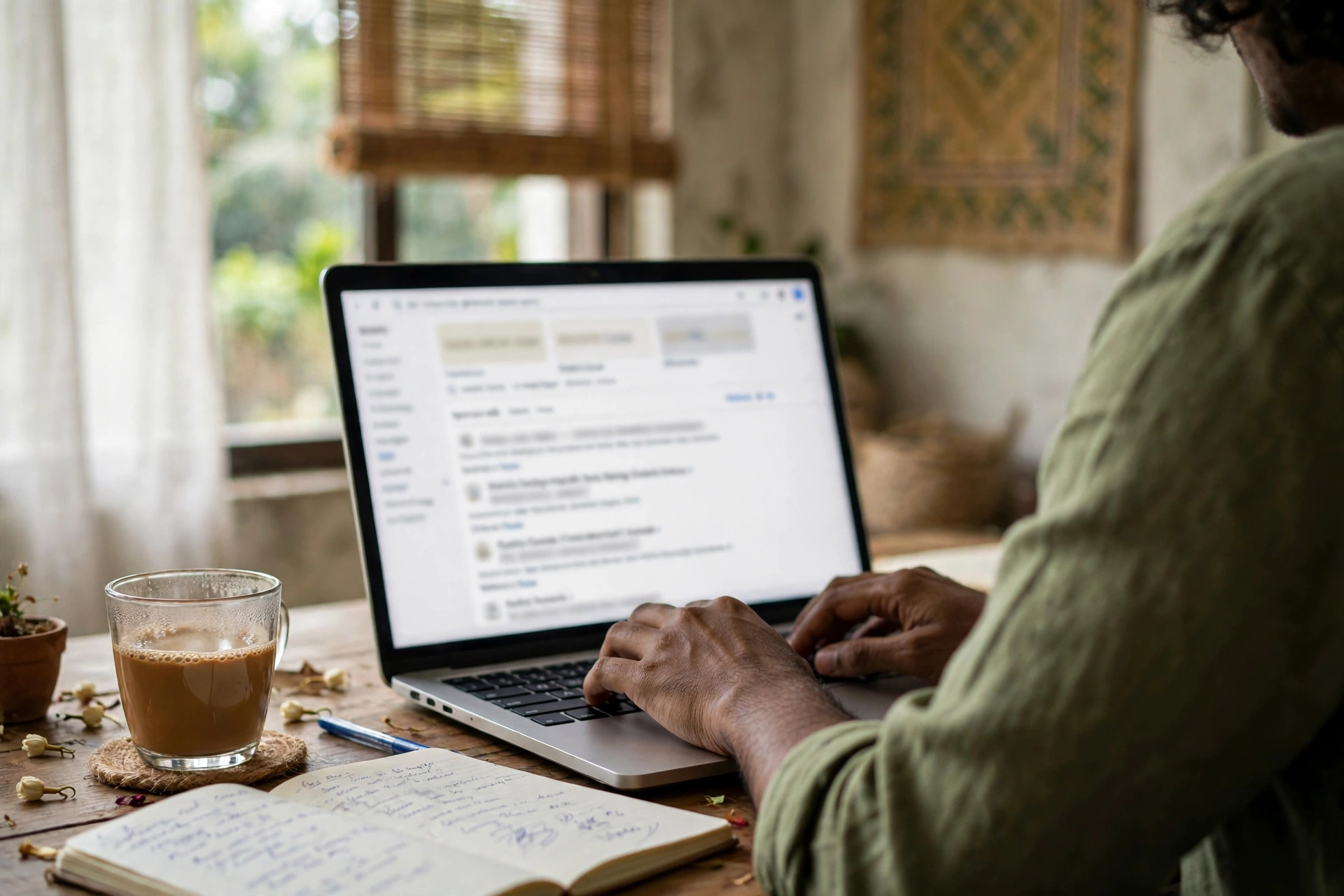 Person typing on a laptop showing search engine results with ads