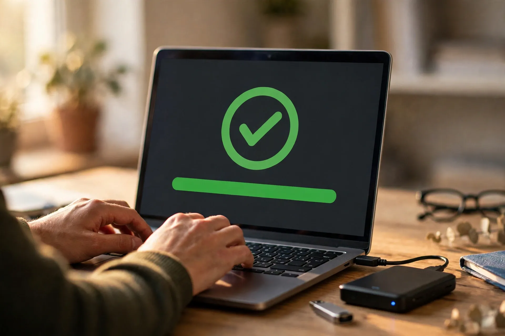 Verifying a WordPress backup: laptop showing a completed backup with a checkmark and an external hard drive