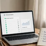 WordPress maintenance checklist: laptop with a checklist on screen, notebook and calendar on a desk