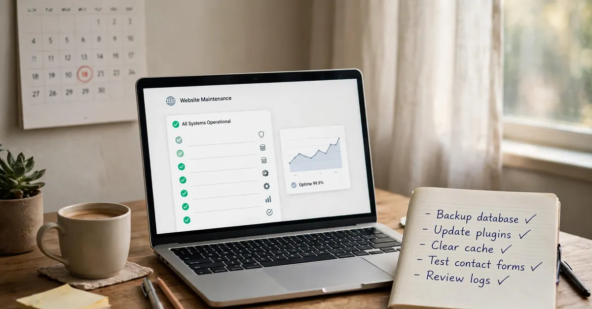 WordPress maintenance checklist: laptop with a checklist on screen, notebook and calendar on a desk