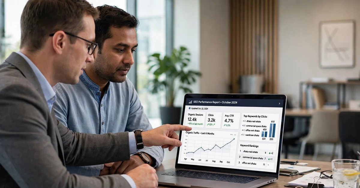 Consultant and business owner reviewing an SEO performance report on a laptop together
