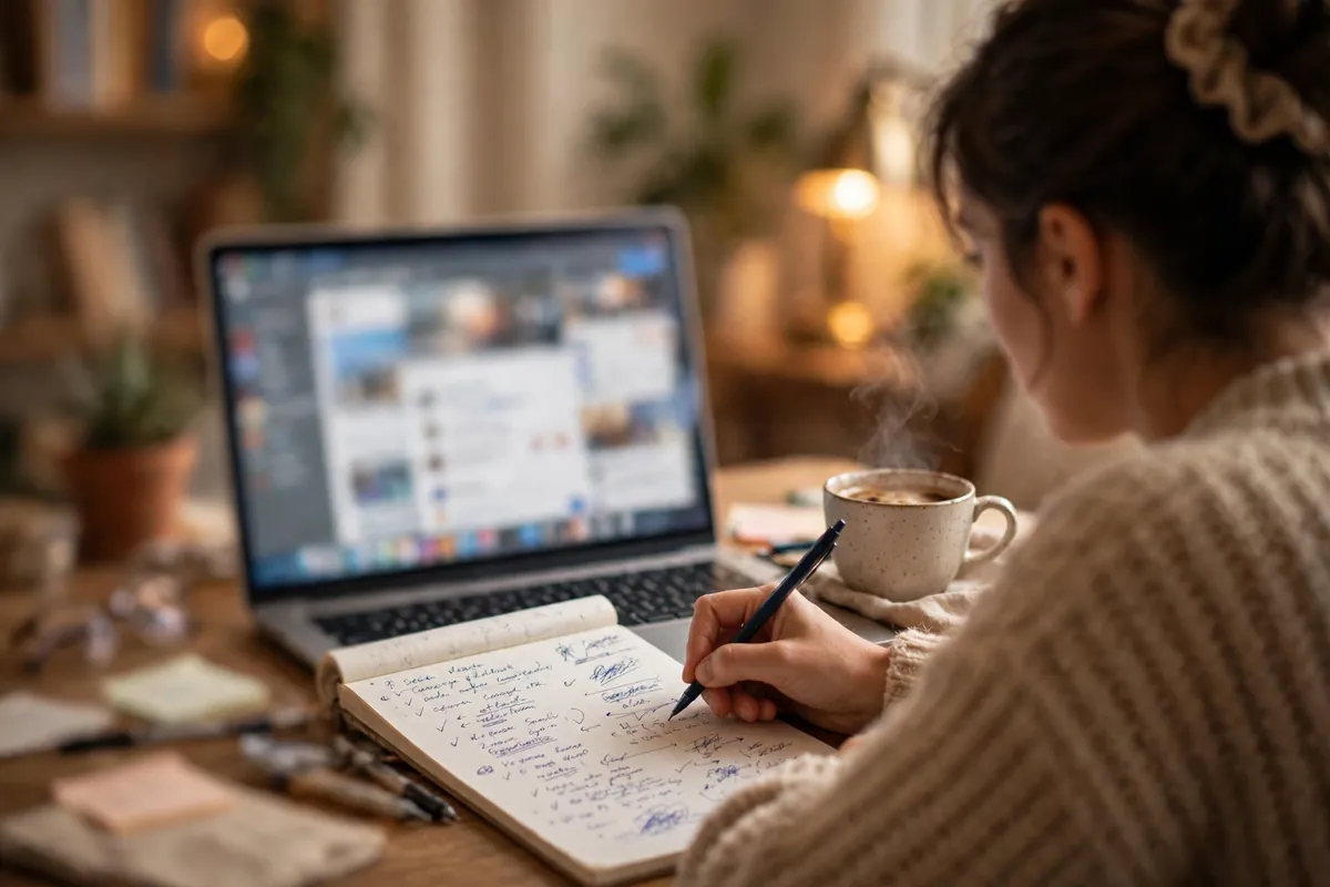 Business owner reviewing AI-generated content on a laptop and taking notes