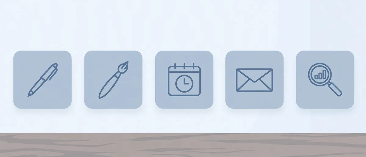 Five icons representing the five marketing jobs: writing, design, scheduling, email, and analytics