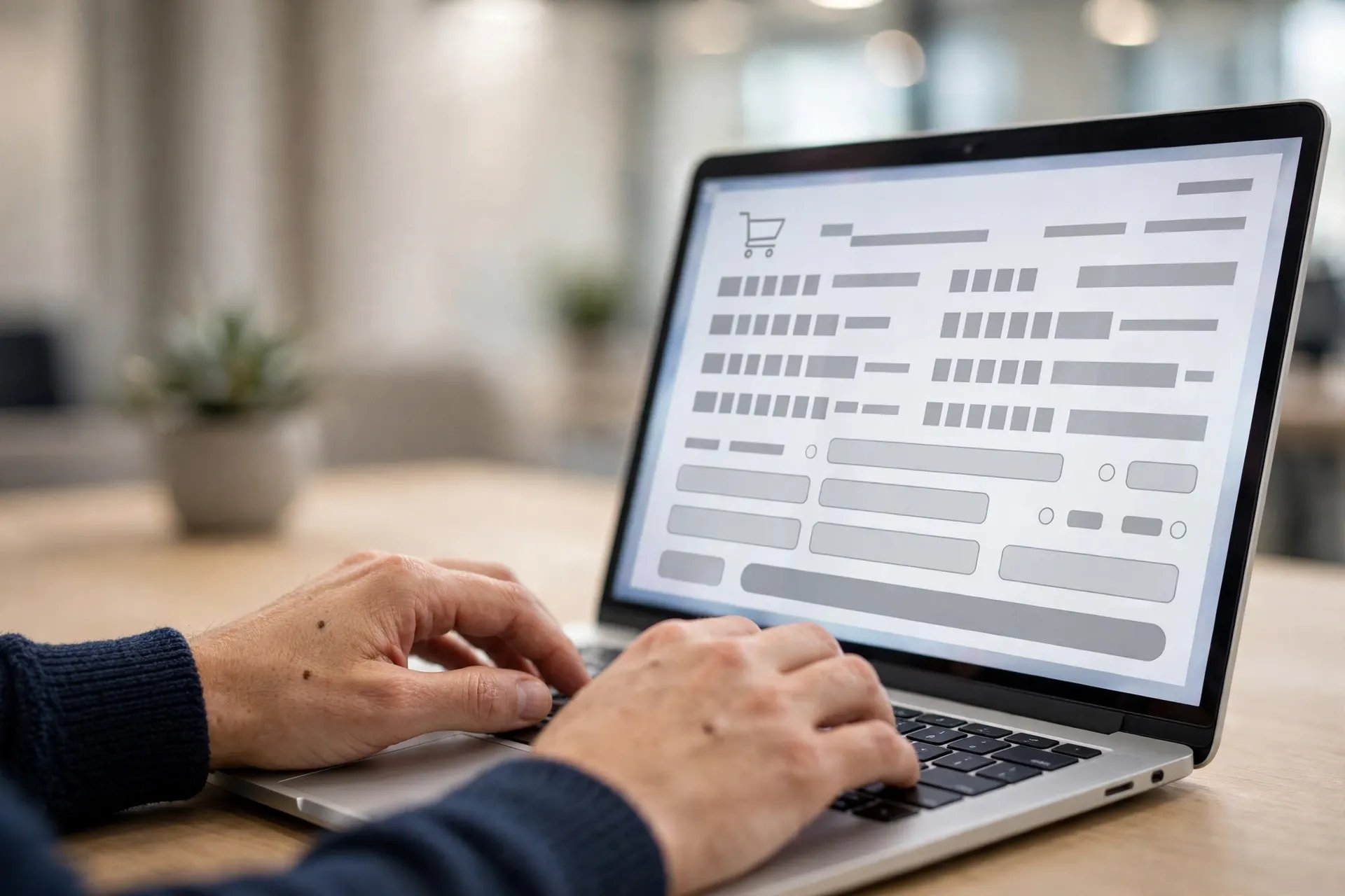 Close-up of a laptop showing an online store checkout page with a shopping cart