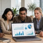 Diverse international business team reviewing website performance data on a laptop in a modern office