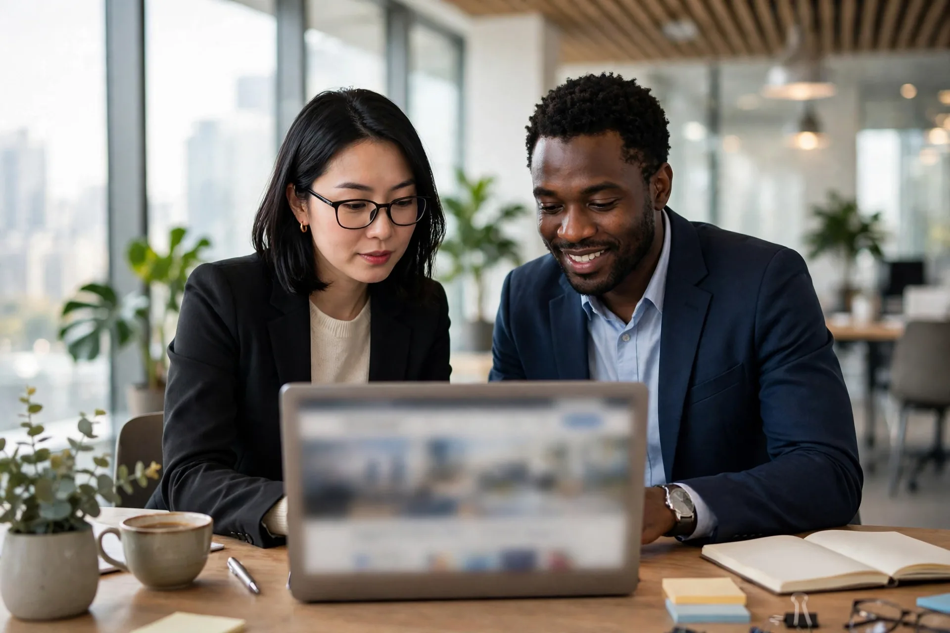 Business owner checking a website maintenance checklist on a laptop with a colleague in a bright office