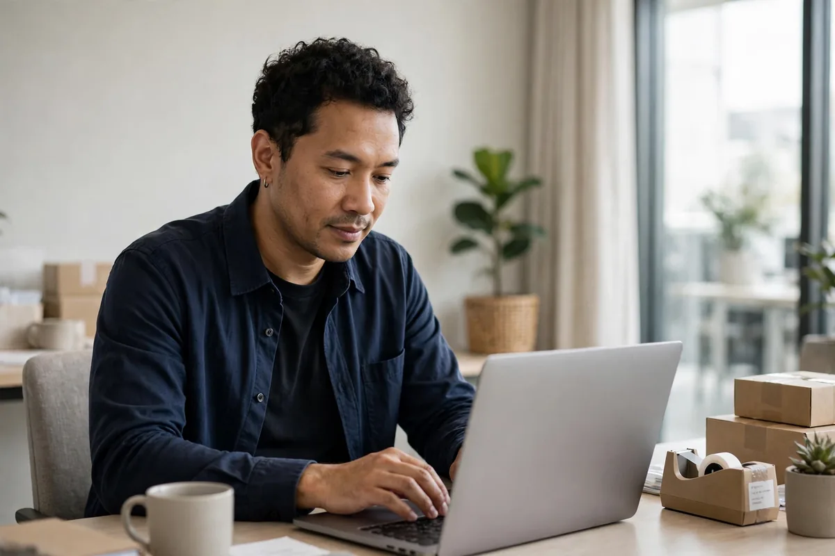 Store owner checking order emails on a laptop in a bright modern office