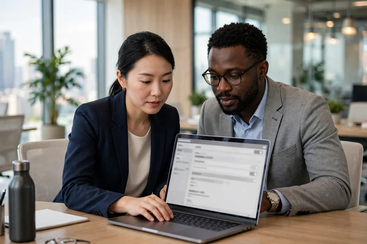 Business colleagues setting up email delivery on a laptop in a modern office