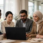 Diverse international business team reviewing online store order emails on a laptop in a modern office