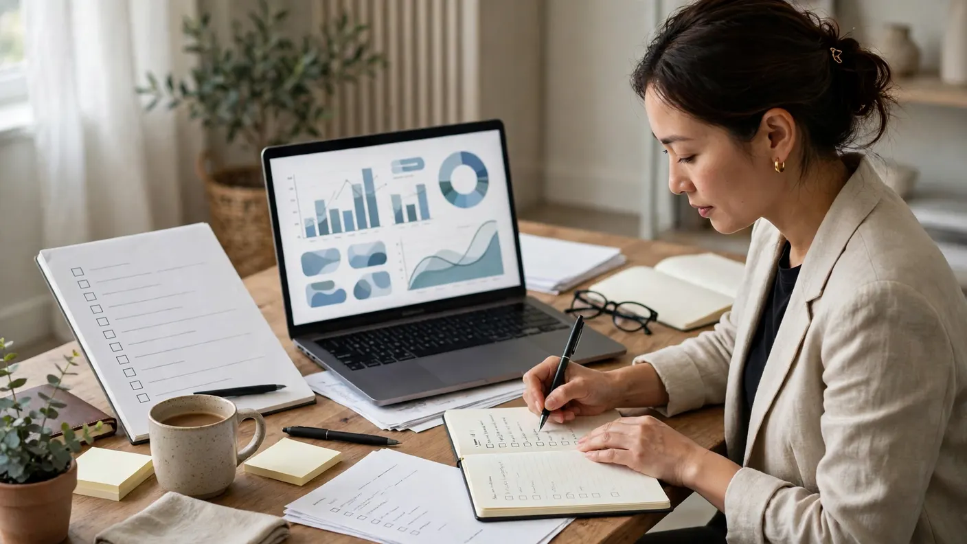 Questions to ask an SEO agency: a checklist notebook and laptop on a desk