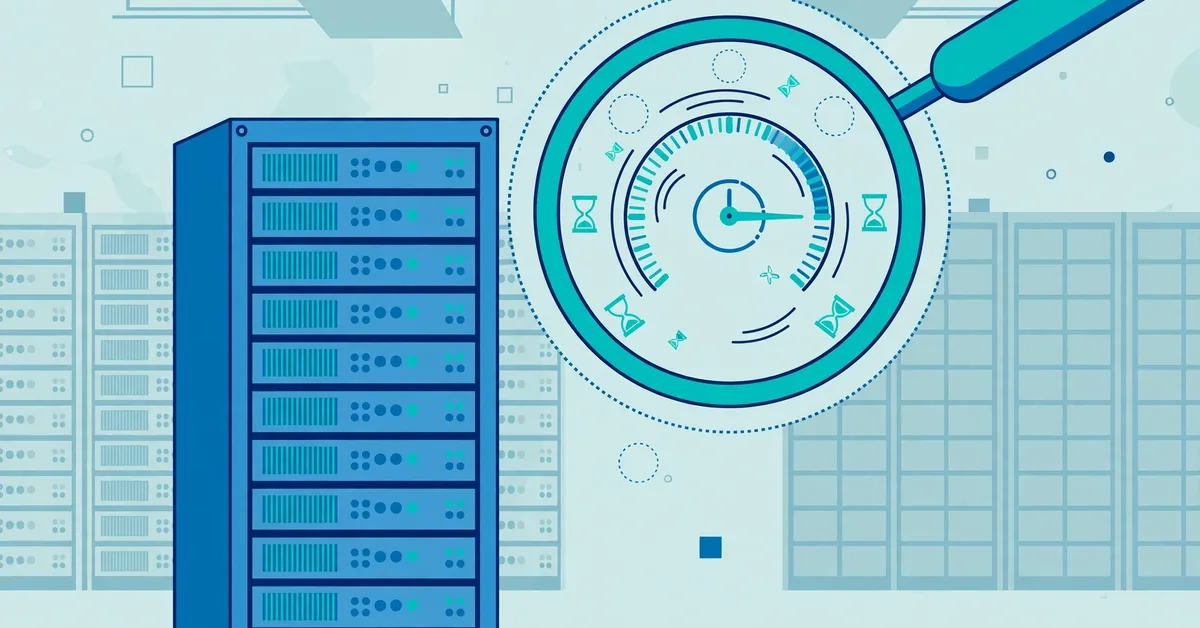 Server rack with a magnifying glass revealing a slow response timer