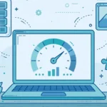 Laptop showing a website speed test with a speedometer gauge and icons for hosting, images, and plugins