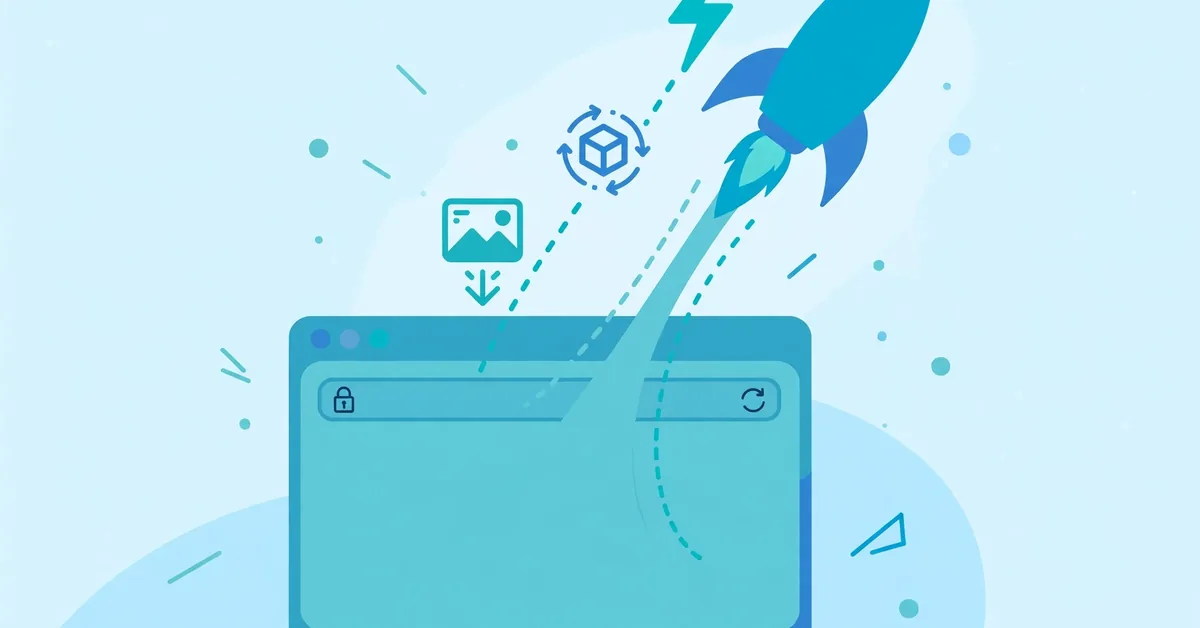 Browser window with a rocket launching, symbolizing website speed optimization
